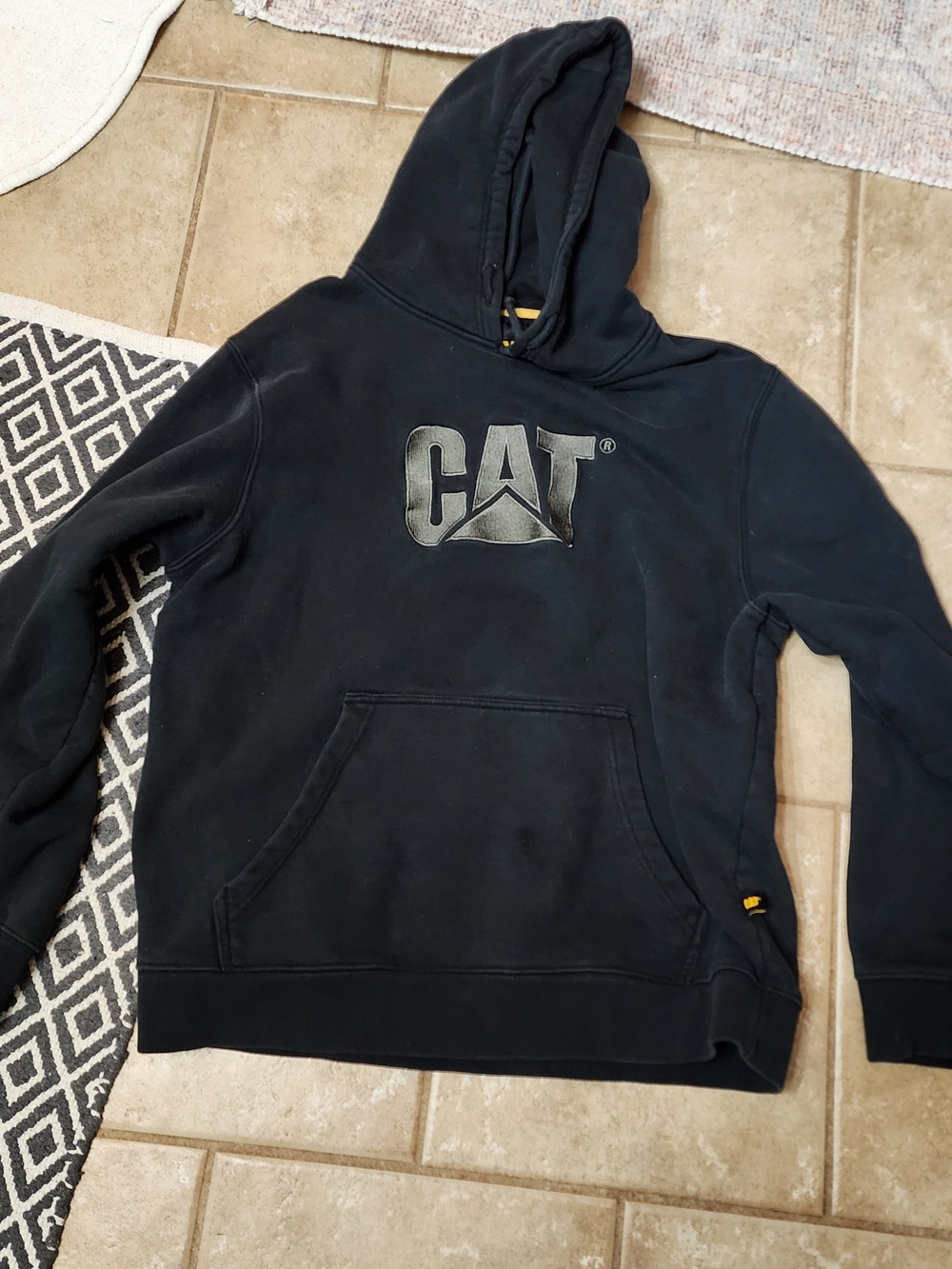 Black CAT Logo Hooded Sweatshirt Gray Embroidered Letters‎